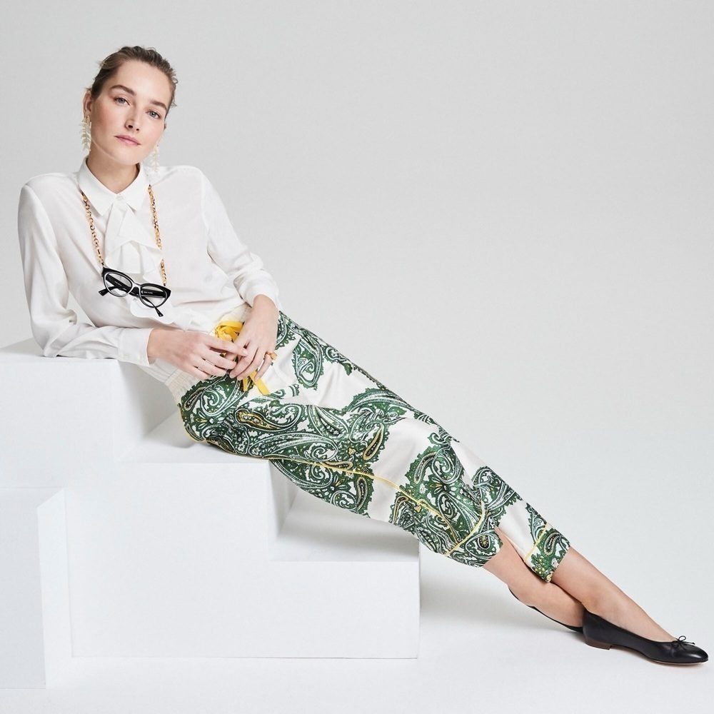J. Crew Green Paisley Print Wide-Leg Pants with Yellow Drawstring - Picture 8 of 8